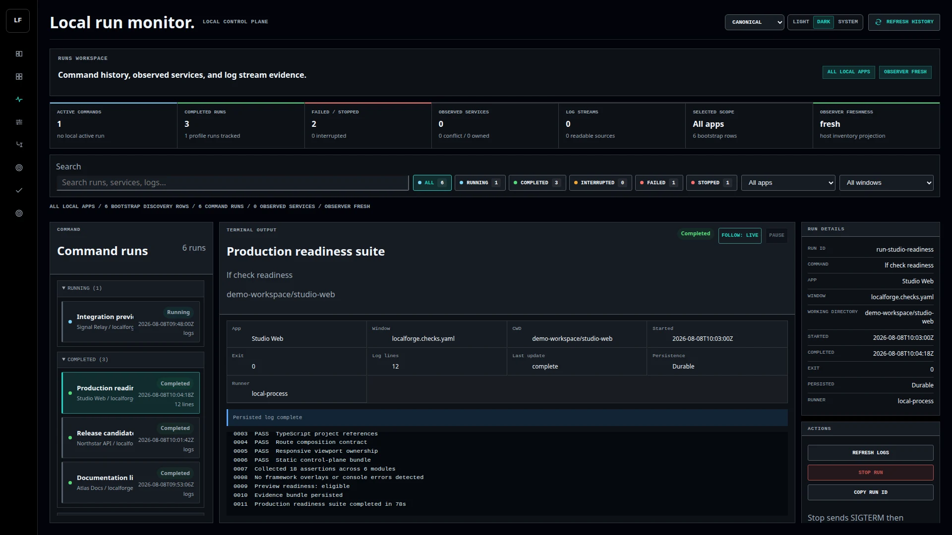 Vista Runs de LocalForge con seis ejecuciones sintéticas, métricas de estado, una suite de readiness seleccionada y doce líneas de salida persistida.