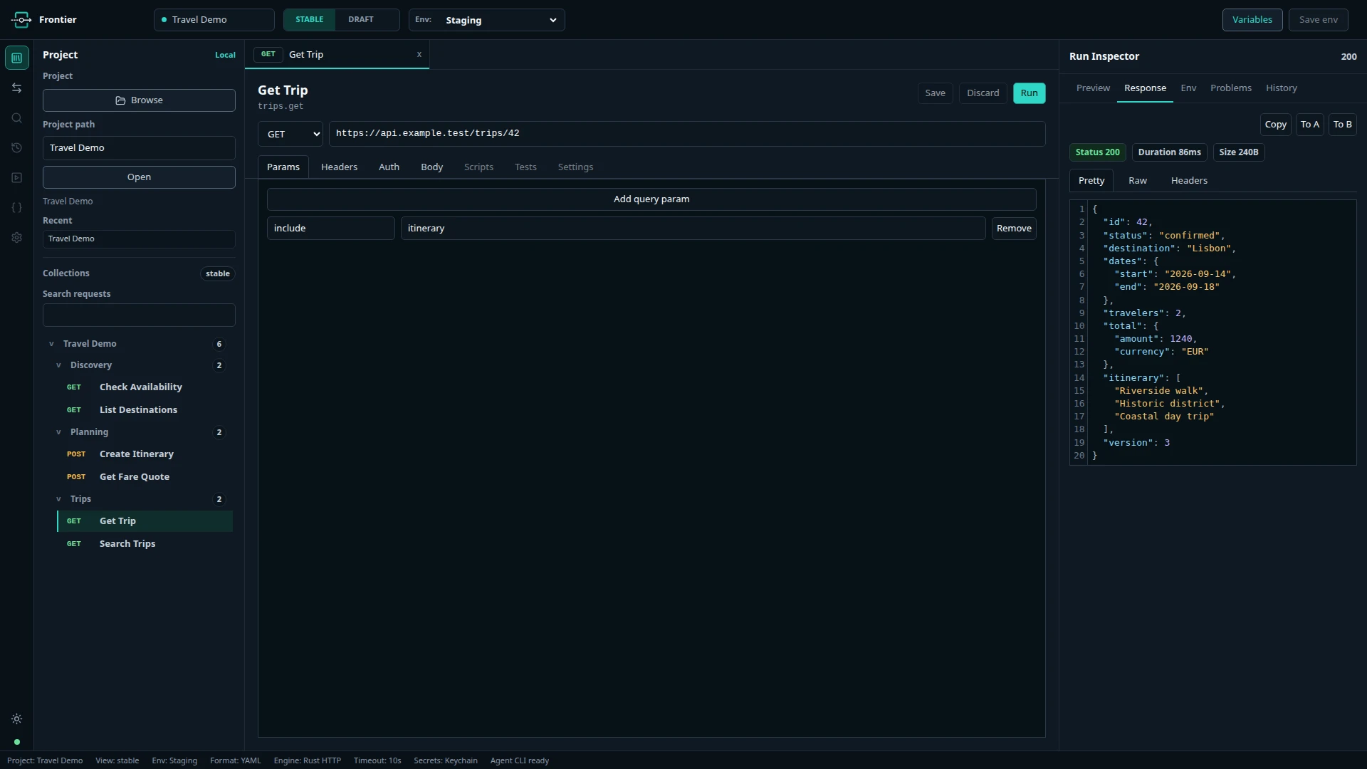 Espacio de trabajo de Frontier con una petición GET y su respuesta JSON